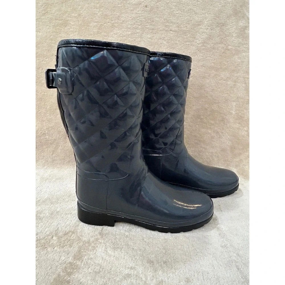 Hunter Womens 7 Refined Gloss Quilted Short Rain Boots Quilted Rubber Pull On